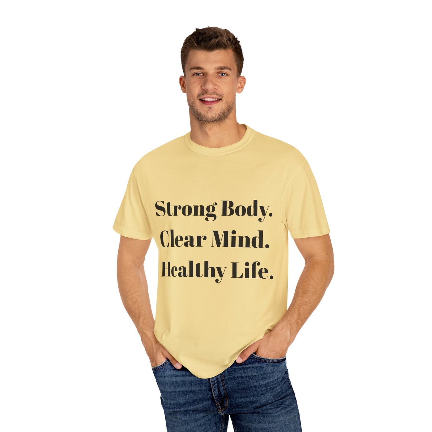Unisex Motivational T-Shirt with Motivational Quotes Strong Body Clear Mind Healthy Life | Fitness, Wellness, Lifestyle Gift, Gym Wear, Everyday Comfort - HustleHealthShop