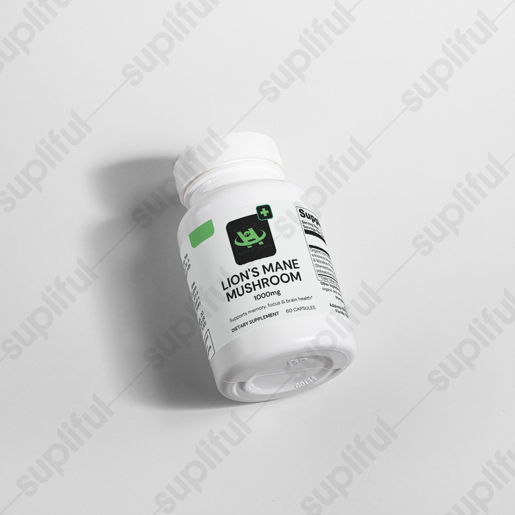 “Bottle of HustleHealthShop Lion’s Mane Focus Capsules 60 vegan caps — front label”
