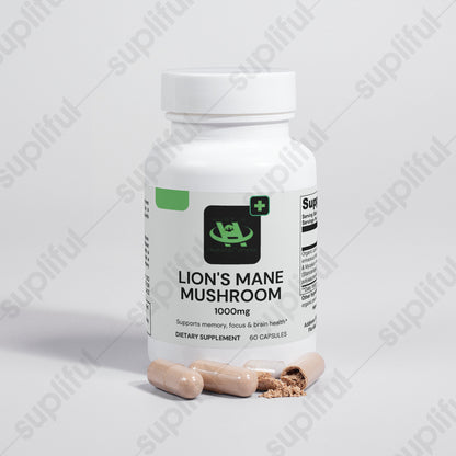 Lion’s Mane Focus Capsules open bottle with capsules spilled — vegan mushroom supplement”