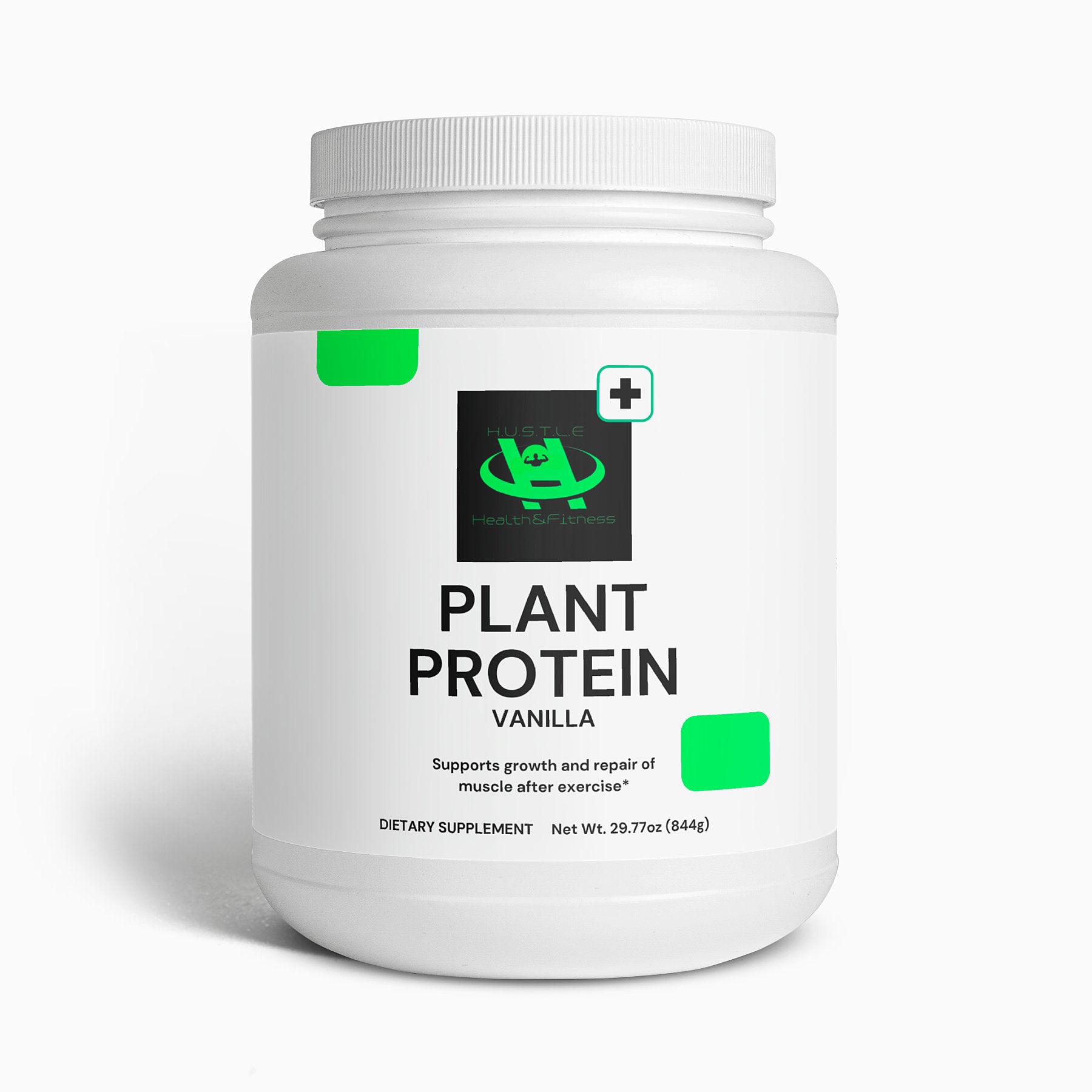 A container of Plant Protein Vanilla dietary supplement with the label showing the product name and a hustle health & fitness logo
