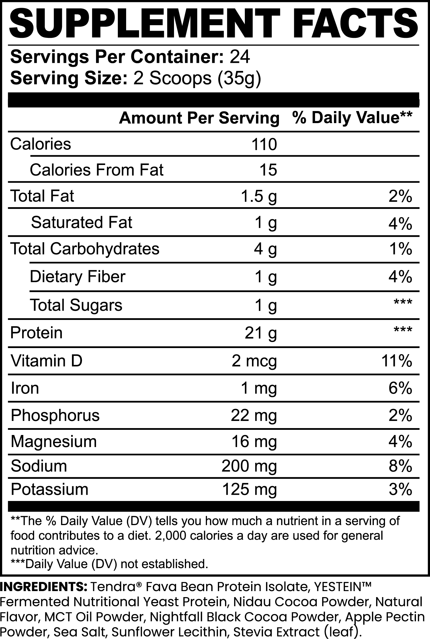 Nutritional information and ingredients of a protein supplement. Chocolate plant protein powder supporting muscle recovery digestion and healthy living