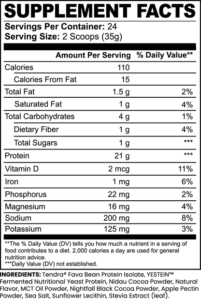 Nutritional information and ingredients of a protein supplement. Chocolate plant protein powder supporting muscle recovery digestion and healthy living