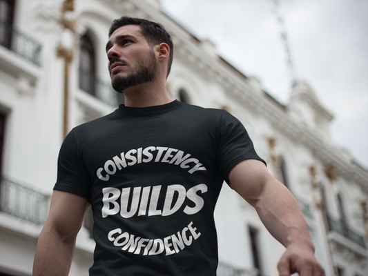 Consistency Builds Confidence fitness truth tee supporting healthy living habits for beginners Confidence Build Moisture Wicking Tee, Consistency Builds Confidence | Athletic T-Shirt | Gym Wear | Fitness Apparel | Workout Gear | Motivational Shirt - HustleHealthShop