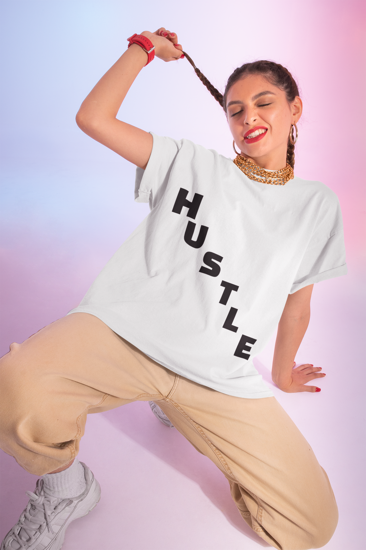 HUSTLE Pillar Steps fitness tee showing healthy living pillars for beginners