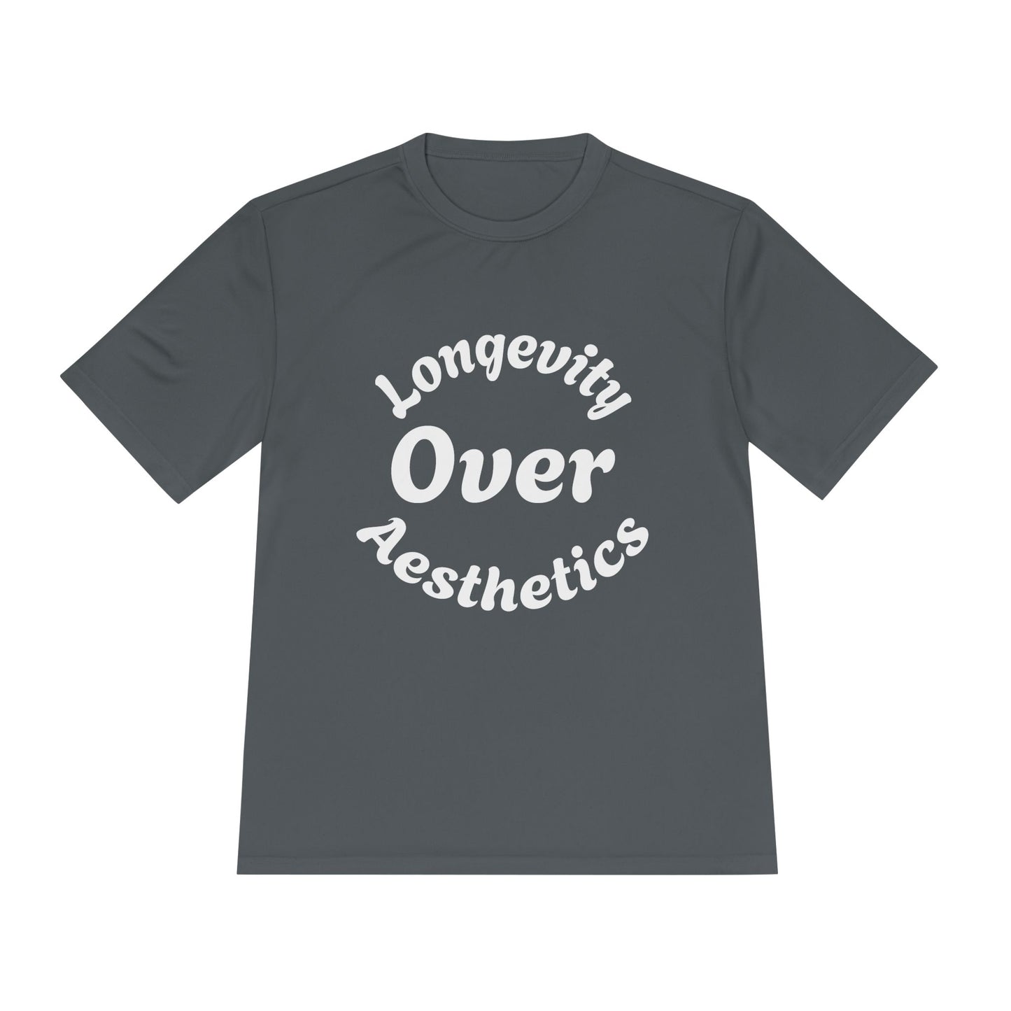 Longevity Over Aesthetics fitness truth tee promoting performance and healthy living for beginners