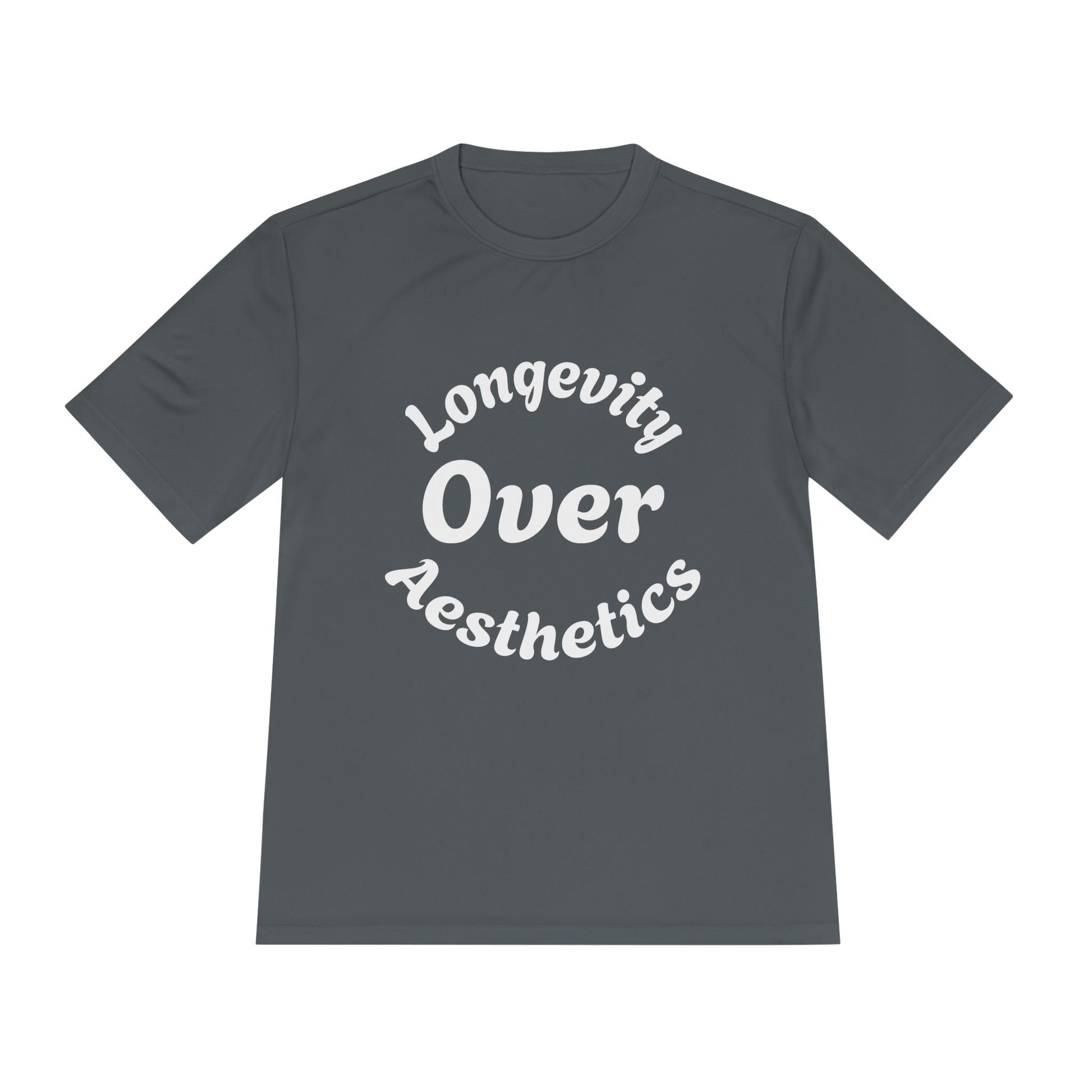 Longevity Over Aesthetics fitness truth tee promoting performance and healthy living for beginners