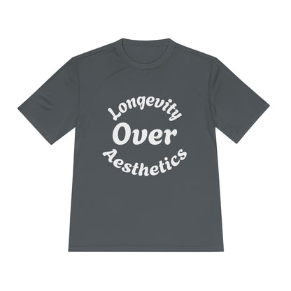 Longevity Over Aesthetics fitness truth tee promoting performance and healthy living for beginners