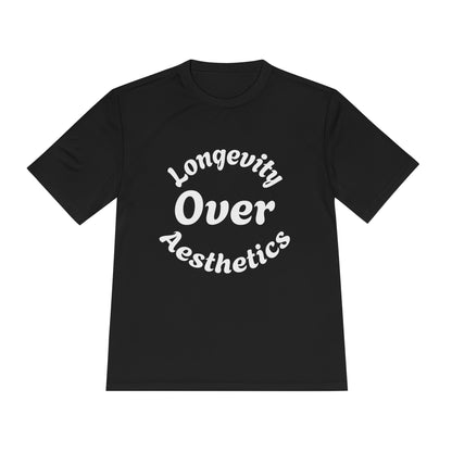 Longevity Over Aesthetics fitness truth tee promoting performance and healthy living for beginners
