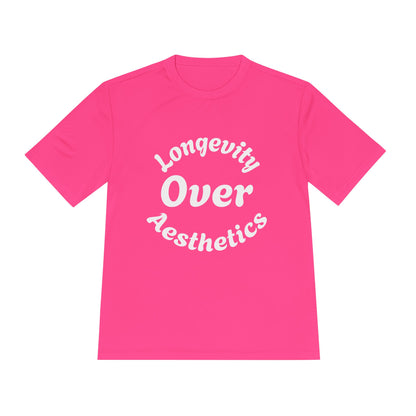 Longevity Over Aesthetics fitness truth tee promoting performance and healthy living for beginners Unisex Moisture Wicking Tee: Longevity Over Aesthetics, Sports Shirt, Fitness Apparel, Workout Tee, Activewear, Casual Wear, Gift for [...] - HustleHealthShop