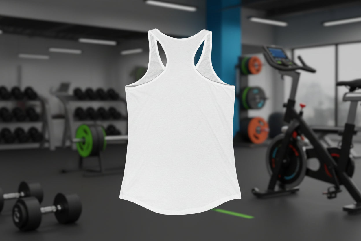 Women’s Healthy Living Racerback Tank with HUSTLE logo for beginners focused on strength and mobility