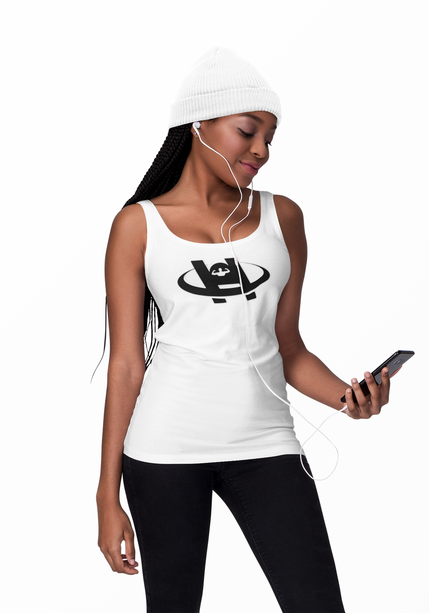 Women’s Healthy Living Racerback Tank with HUSTLE logo for beginners focused on strength and mobility