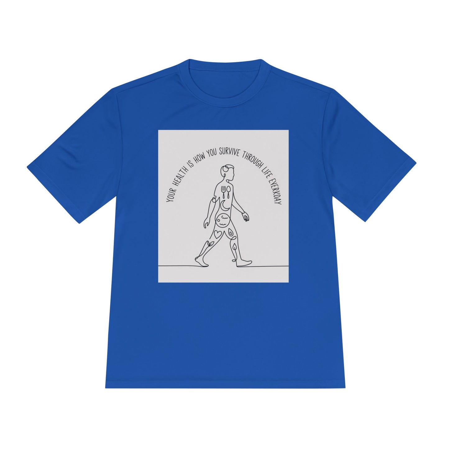Your Health Is How You Survive Through Life Everyday tee showing a walking figure with the five pillars of health for beginners