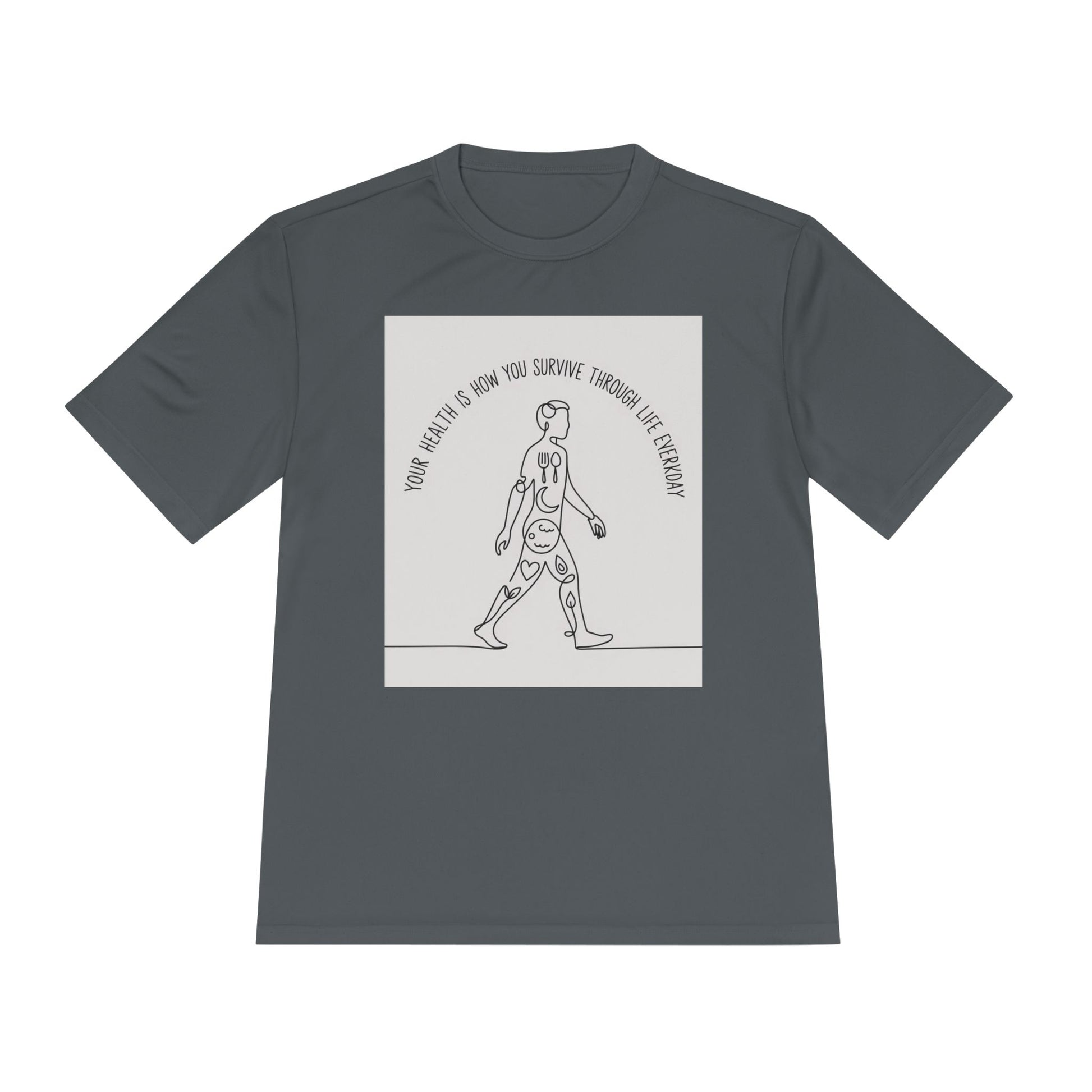 Your Health Is How You Survive Through Life Everyday tee showing a walking figure with the five pillars of health for beginners