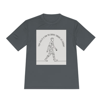 Your Health Is How You Survive Through Life Everyday tee showing a walking figure with the five pillars of health for beginners