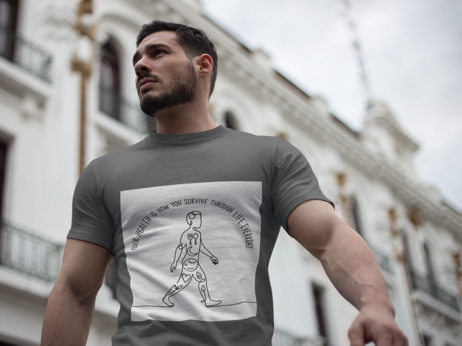 Your Health Is How You Survive Through Life Everyday tee showing a walking figure with the five pillars of health for beginners