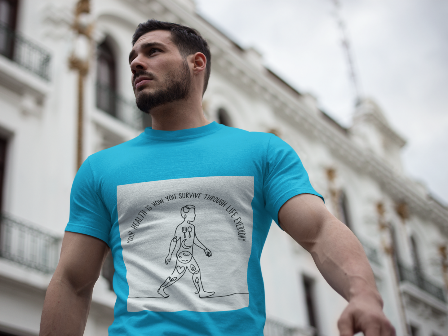 Your Health Is How You Survive Through Life Everyday tee showing a walking figure with the five pillars of health for beginners