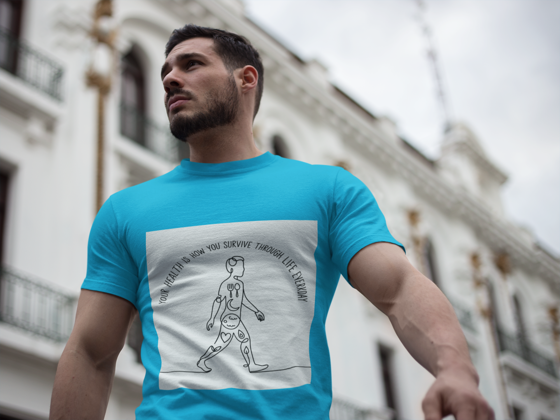 Your Health Is How You Survive Through Life Everyday tee showing a walking figure with the five pillars of health for beginners
