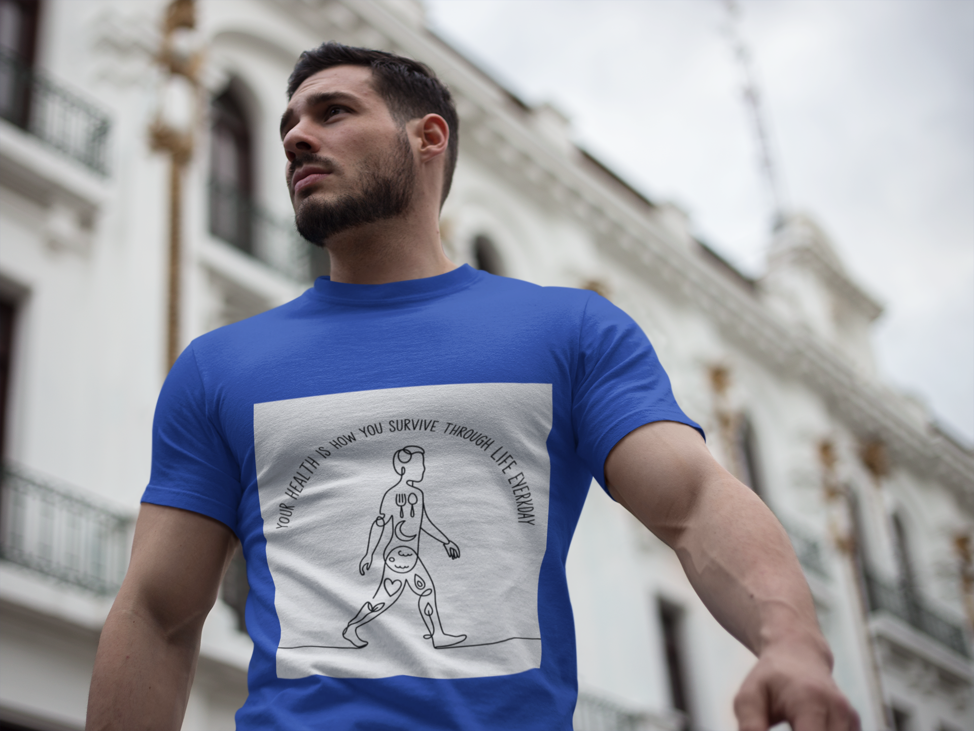 Your Health Is How You Survive Through Life Everyday tee showing a walking figure with the five pillars of health for beginners