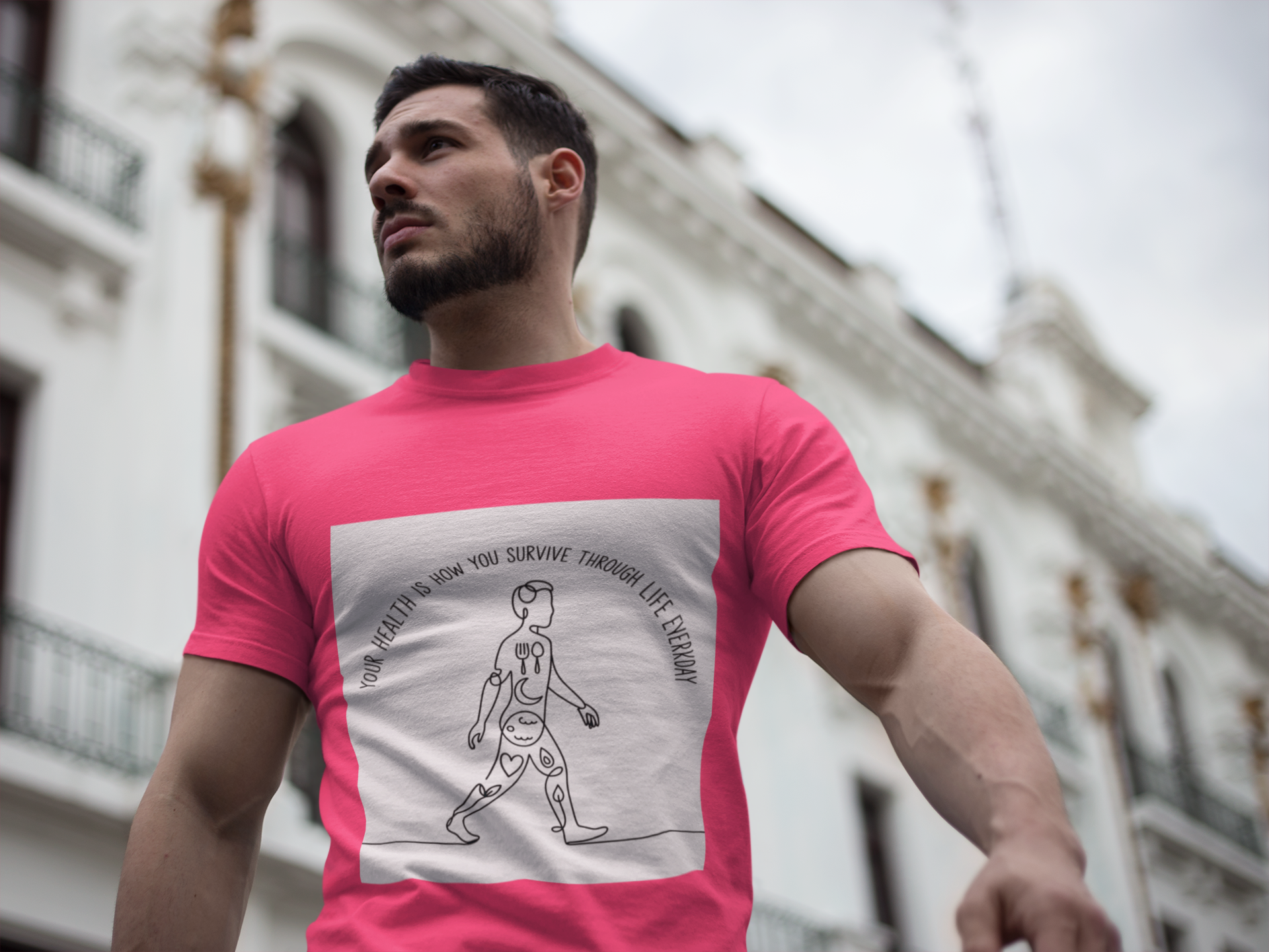 Your Health Is How You Survive Through Life Everyday tee showing a walking figure with the five pillars of health for beginners