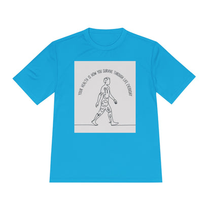 Your Health Is How You Survive Through Life Everyday tee showing a walking figure with the five pillars of health for beginners