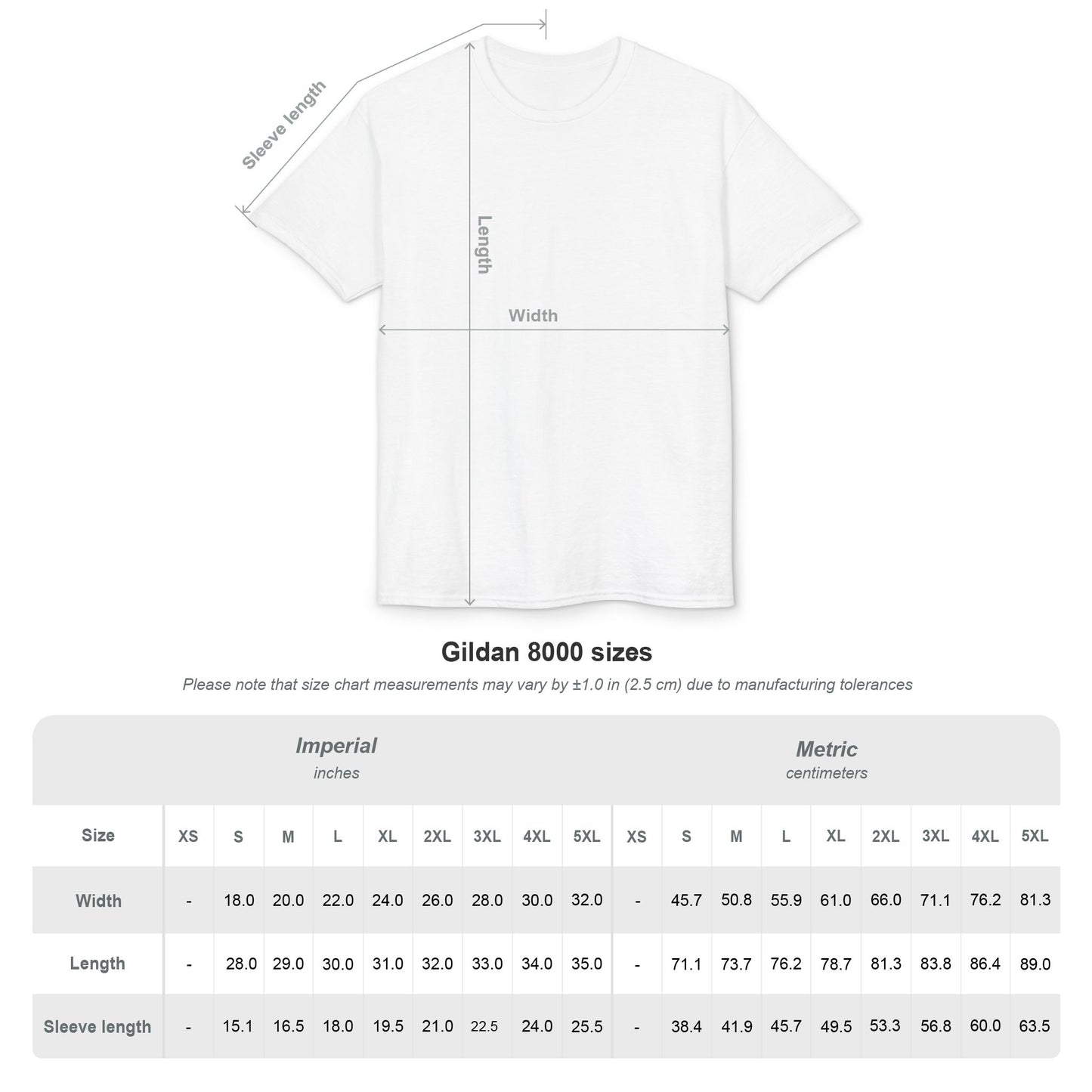 White t-shirt with measurement chart for Gildan 8000 sizes on a white background