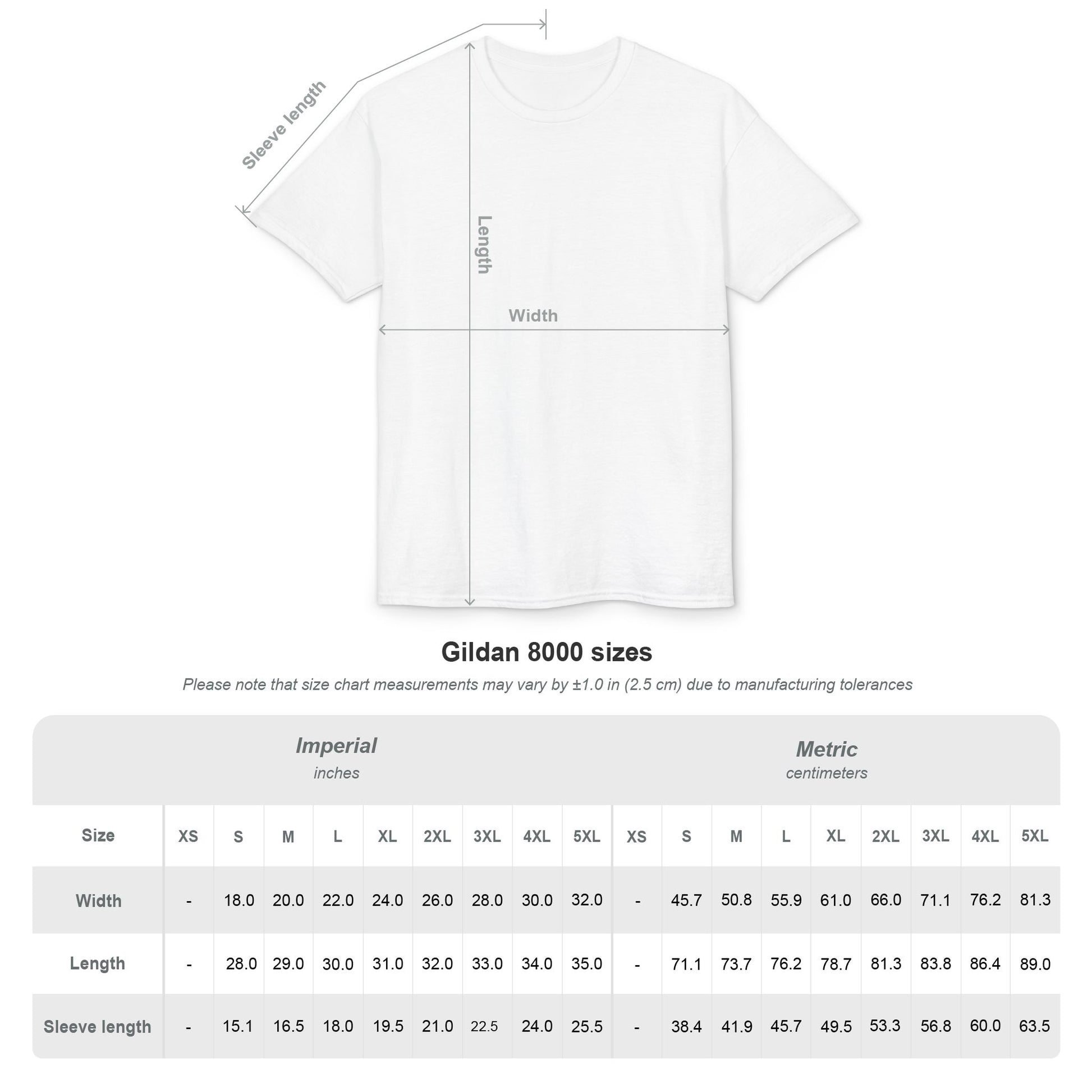 White t-shirt with measurement chart for Gildan 8000 sizes on a white background